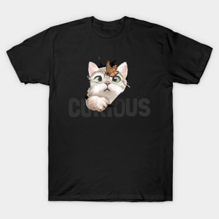 cute cat and butterfly in curious paper hole illustration T-Shirt